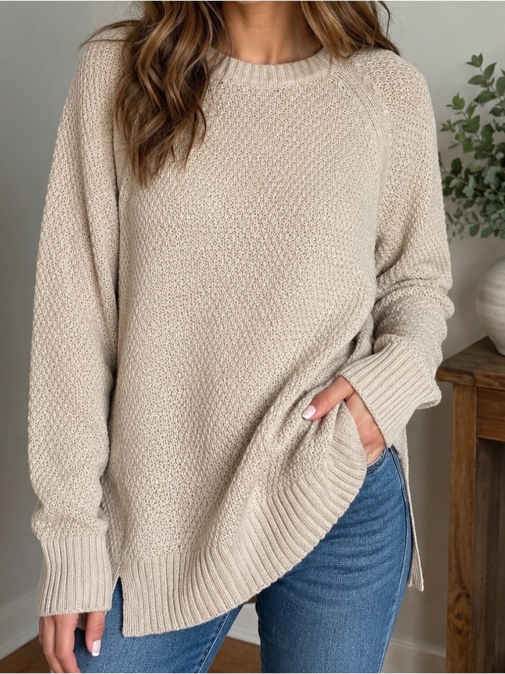Old Navy Beige Textured Tunic Sweater Medium Tall Cotton Blend Side Slit